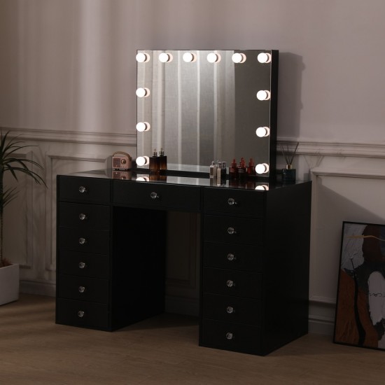 Best seller Vanity Table Glass Top & Hollywood Full Mirror Black - 6961059 MAKE UP FURNITURES